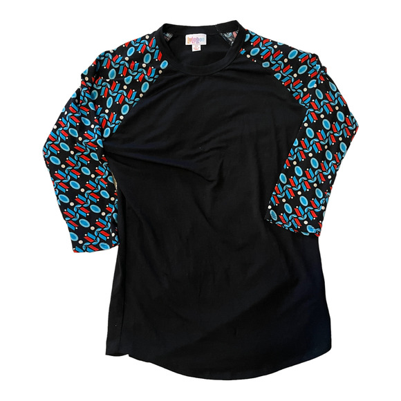 LaLaRoe Randy Women's Raglan Baseball Tee Black Geometric Women's Size XS 2-4 - Picture 2 of 8